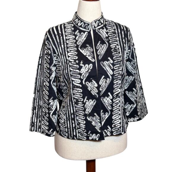 Chico's black & white jacket animal print stitched on design cotton Sz 0 US 4 - Picture 1 of 9